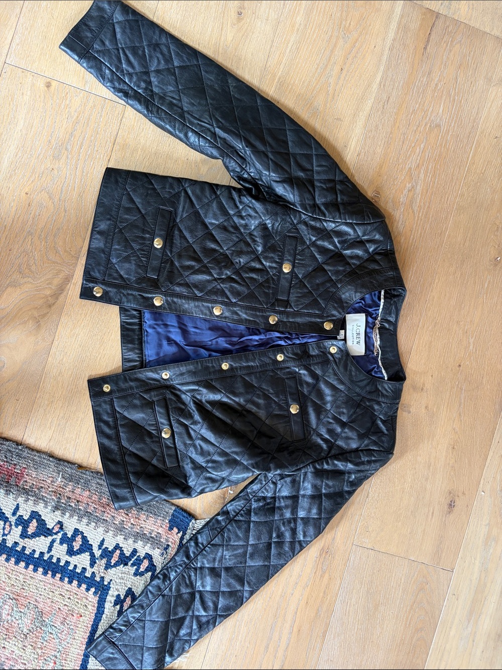 J. Crew Black Quilted Leather Jacket with Gold Buttons